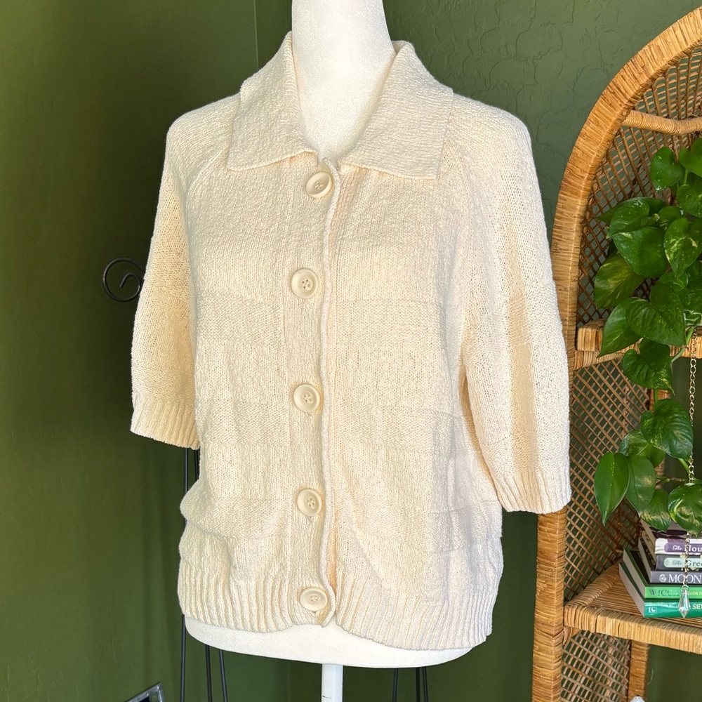 Lindex Textured Stripe Button-Up Cream Collared Short Sleeve Knit Cardigan